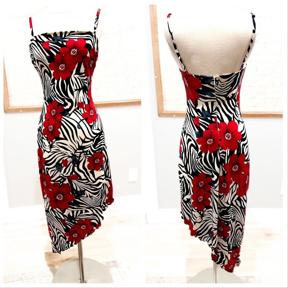 Vintage y2k Cache dress zebra and floral assymetrical juniors size 7 semi formal